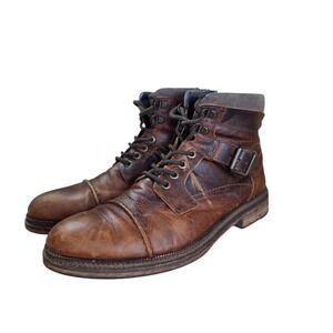 Leather Cap Toe Boots Brown Lace Up Buckle Moto Work Mens